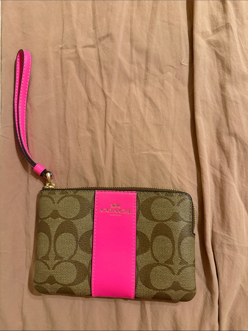 Coach Brown Signature Wristlet with Bright Pink Stripe